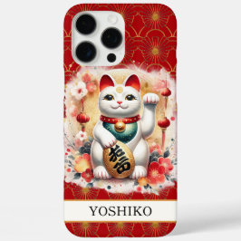 Lucky Cat With Red Flowers Monogrammed iPhone 16 Pro Maxケース