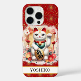 Lucky Cat With Red Flowers Monogrammed iPhone 16 Proケース