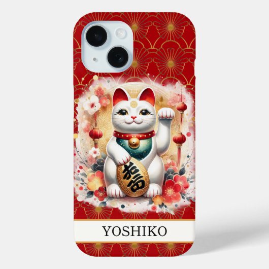Lucky Cat With Red Flowers Monogrammed Case-Mate iPhoneケース (裏面)