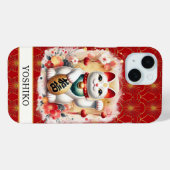 Lucky Cat With Red Flowers Monogrammed Case-Mate iPhoneケース (裏面 (横))