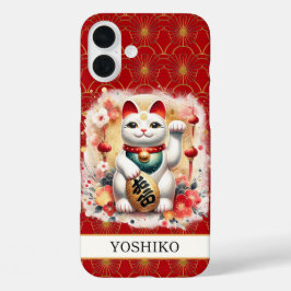 Lucky Cat With Red Flowers Monogrammed iPhone 16 Plusケース