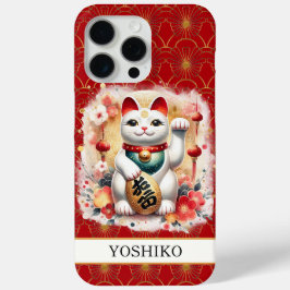 Lucky Cat With Red Flowers Monogrammed iPhone 15 Pro Maxケース
