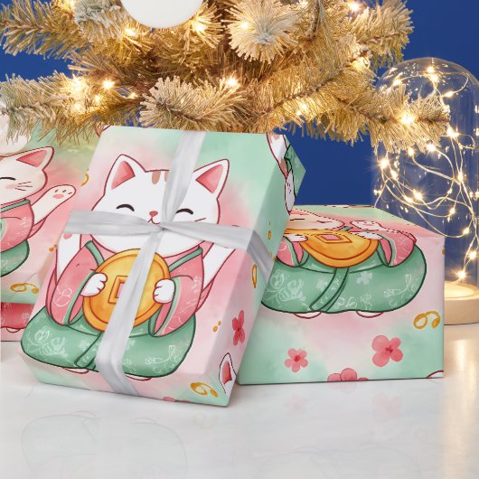 Lucky Charm Cats – Prosperity in Pastel Pattern ラッピングペーパー (クリスマス)