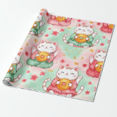 Lucky Charm Cats – Prosperity in Pastel Pattern ラッピングペーパー (アンロールド)