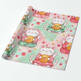 Lucky Charm Cats – Prosperity in Pastel Pattern ラッピングペーパー