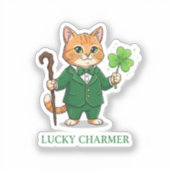 Lucky Charmer Cat With Shillelagh And Clover  シール (正面)