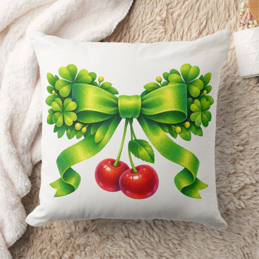 Lucky Clover Bow with Cherries Green Design クッション (ブランケット)