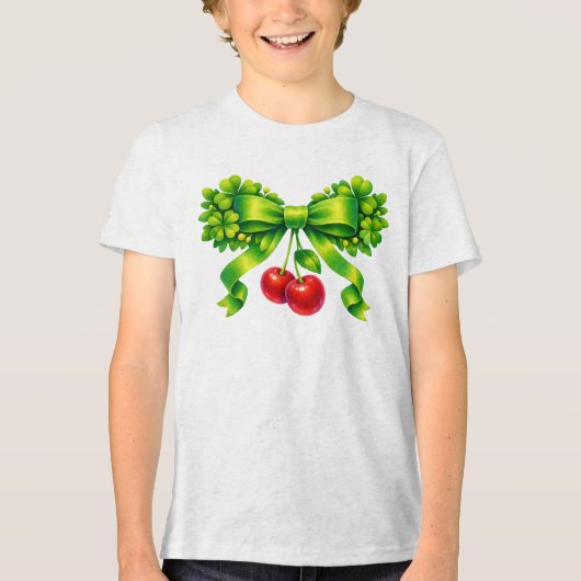 Lucky Clover Bow with Cherries Green Design トライブレンドＴシャツ (正面)