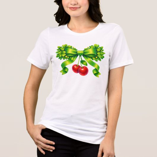 Lucky Clover Bow with Cherries Green Design トライブレンドＴシャツ (正面)