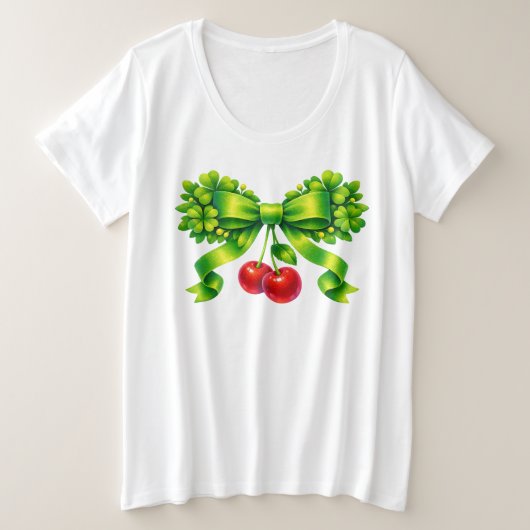 Lucky Clover Bow with Cherries Green Design プラスサイズTシャツ (デザイン正面)