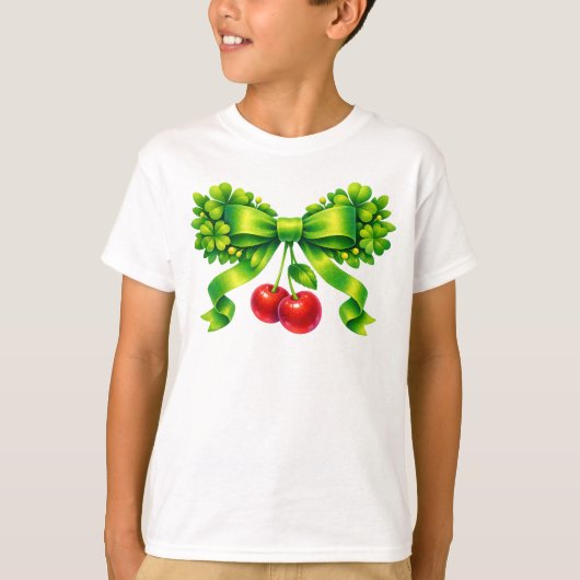 Lucky Clover Bow with Cherries Green Design Tシャツ (正面)