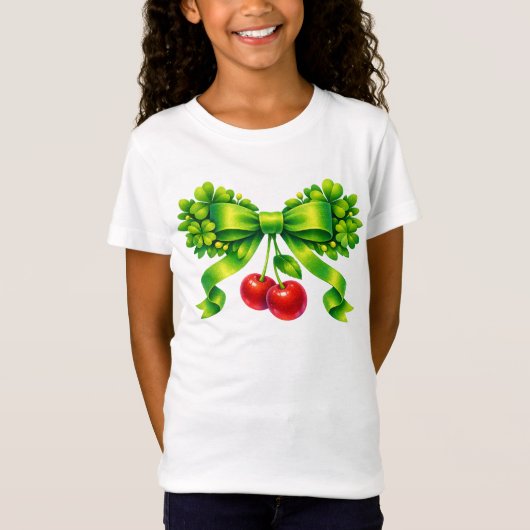 Lucky Clover Bow with Cherries Green Design Tシャツ (正面)
