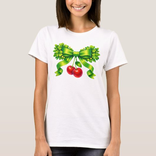 Lucky Clover Bow with Cherries Green Design Tシャツ (正面)
