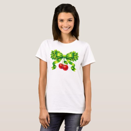 Lucky Clover Bow with Cherries Green Design Tシャツ (正面フル)