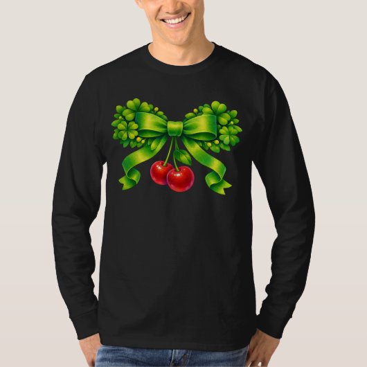 Lucky Clover Bow with Cherries Green Design Tシャツ (正面)