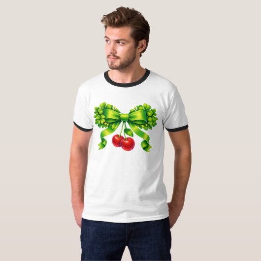 Lucky Clover Bow with Cherries Green Design Tシャツ (正面フル)