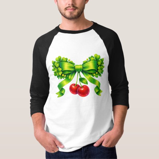 Lucky Clover Bow with Cherries Green Design Tシャツ (正面)