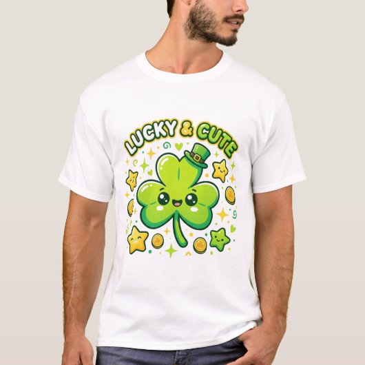 Lucky & Cute Shamrock Kawaii Design Tシャツ (正面)