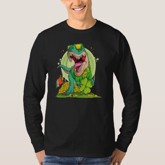 Lucky Dinosaur T Rex Leprechaun Clover Irish Sungl Tシャツ (正面)