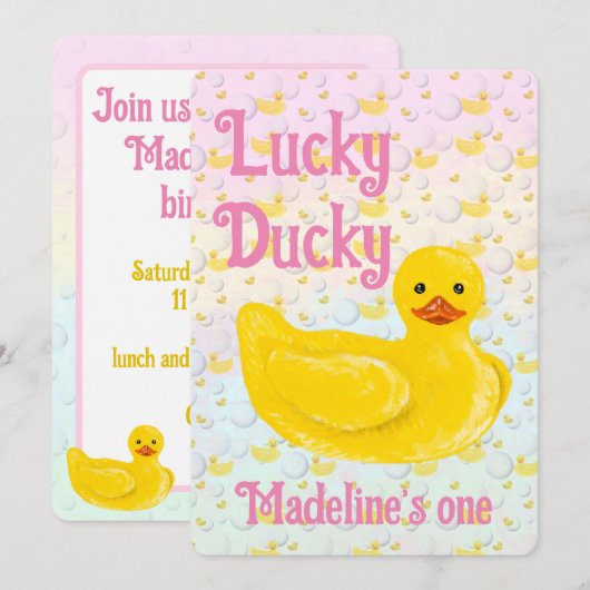 Lucky Ducky First Birthday Invitation 招待状 (正面/裏面)