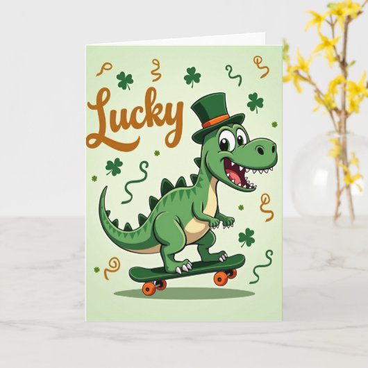 Lucky Green Dino Pattern Card カード (黄色い花)
