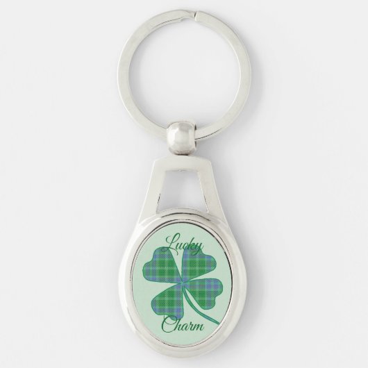 Lucky Green Plaid Shamrock Four-Leaf Clover  キーホルダー (正面)