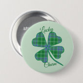 Lucky Green Plaid Shamrock Four-Leaf Clover  缶バッジ (正面&裏面)