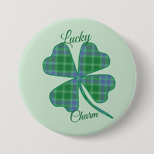 Lucky Green Plaid Shamrock Four-Leaf Clover  缶バッジ (正面)
