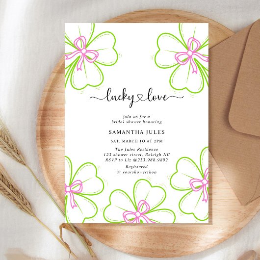 Lucky in Love Bridal Shower Pink Green Shamrock  招待状