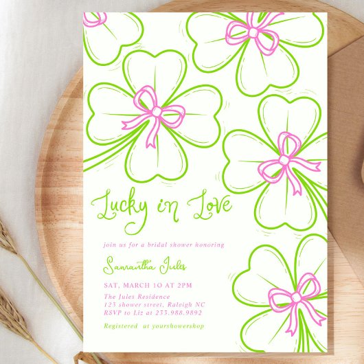 Lucky in Love Bridal Shower Pink Green Shamrock  招待状