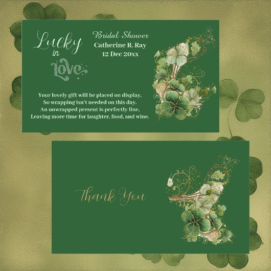 Lucky in Love Golden Green Shamrock Bridal Shower エンクロージャーカード