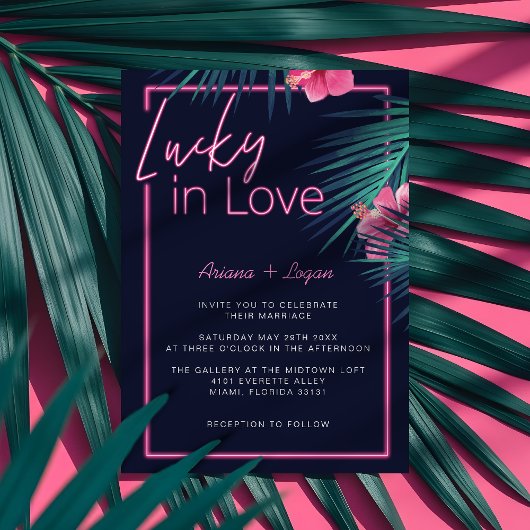 Lucky In Love Neon Pink Tropical Retro Wedding 招待状
