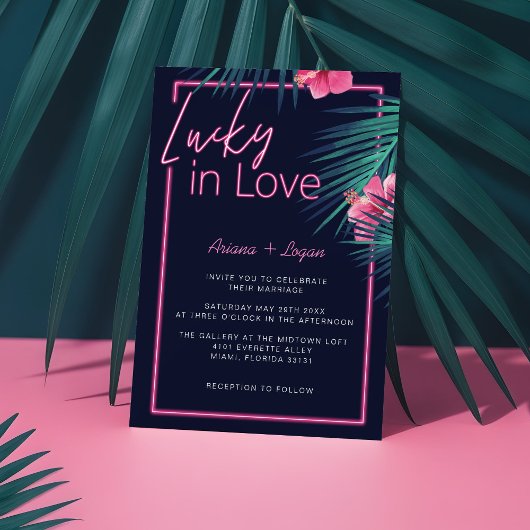 Lucky In Love Neon Pink Tropical Retro Wedding 招待状