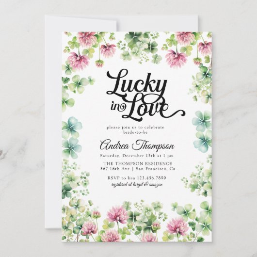 Lucky in Love | Pink Green Bridal Shower 招待状 (正面)