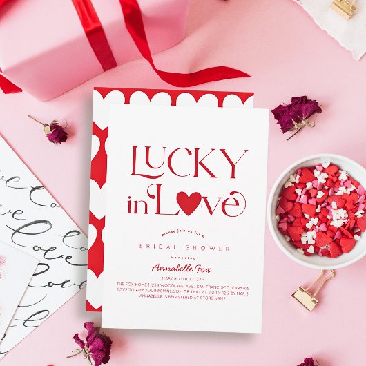 Lucky in Love Red Heart Bridal Shower 招待状