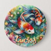 Lucky Koi Fish Whimsical Watercolor Personalized 缶バッジ (正面)