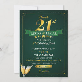 Lucky & Legal 21st Birthday Green & Gold Glitter 招待状