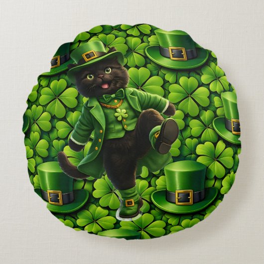 Lucky leprechaun black cat Saint Patrick's Day Pat ラウンドクッション (正面)
