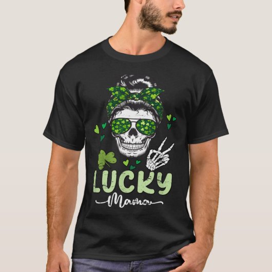 Lucky Mama St Patricks Day Mom Messy Bun Skull Iri Tシャツ (正面)