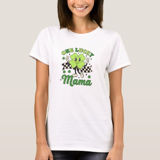 Lucky Mama Vintage Smiley Shamrock Art Tシャツ (正面)