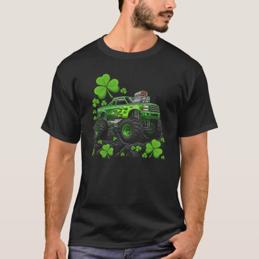 Lucky Monster Truck Green Flame Graphic Tシャツ (正面)