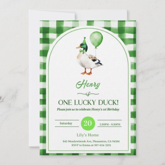 Lucky One 1st Birthday Invitation Duck & Shamrock 招待状 (正面)