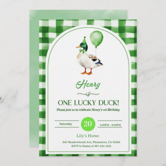 Lucky One 1st Birthday Invitation Duck & Shamrock 招待状 (正面/裏面)