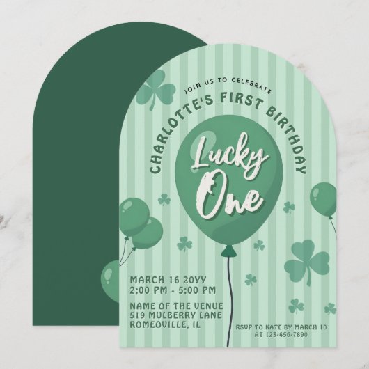Lucky One 1st Birthday St Patricks Day Balloon 招待状 (正面/裏面)