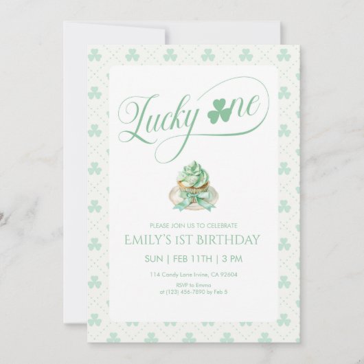Lucky One Cupcake First Birthday 招待状 (正面)