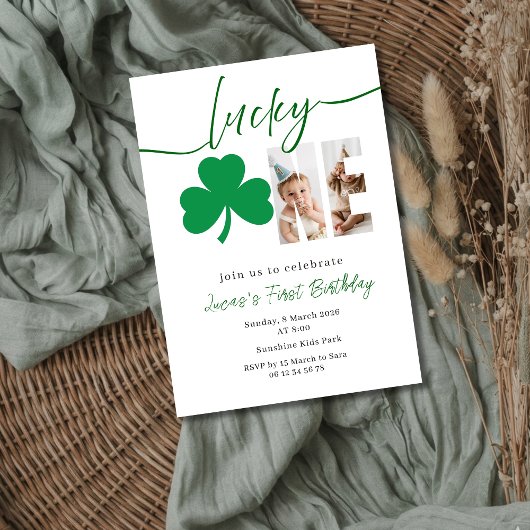 Lucky One First Birthday Photo Clover Invitation 招待状