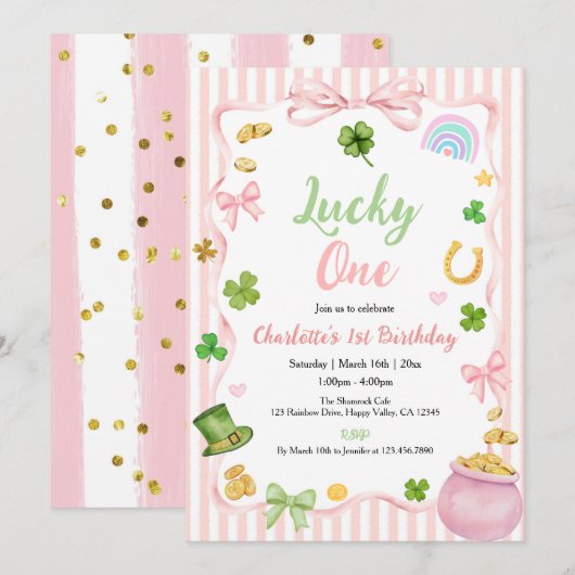 Lucky One Girl 1st Birthday Invitation Pink Gold 招待状 (正面/裏面)