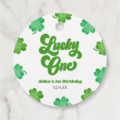 Lucky One Green Shamrock Clover 1st Birthday Party フェイバータグ (裏面)