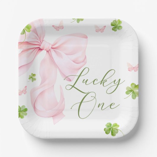 Lucky One Pink Bow 1st Birthday ペーパープレート (正面)