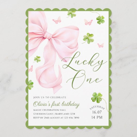 Lucky One Pink Bow 1st Birthday Invitation 招待状 (正面)